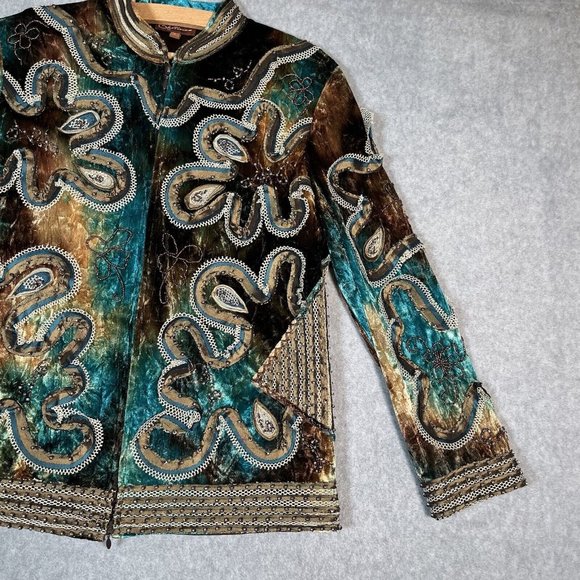Obstinee By Ika Jacket 6 Teal Brown Velvet Beaded Art to Wear Embroidered Artsy - Picture 6 of 16